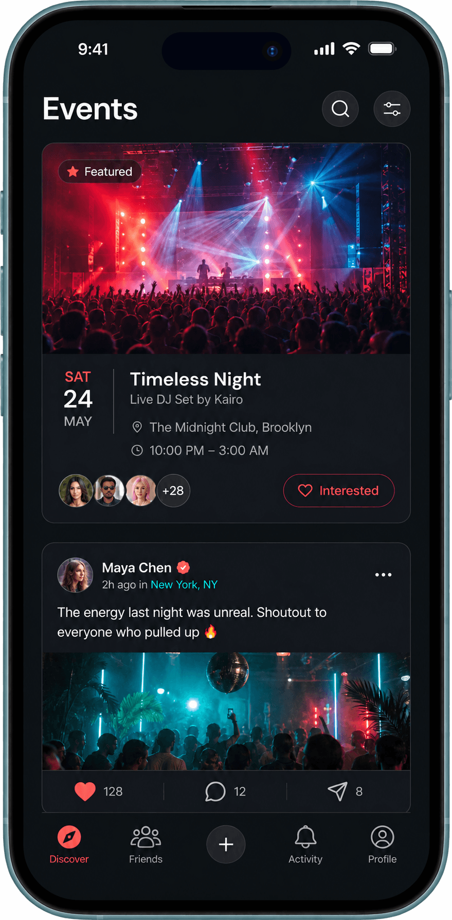 Timeless mobile app showing event discovery and social posts